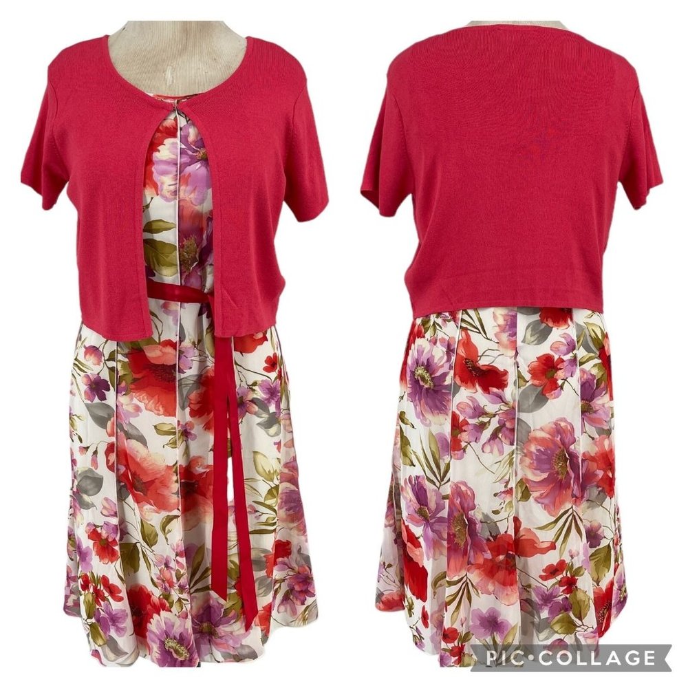Sandra Darren Sheer Floral Panel Dress & Sweater set 12 Ivory Orange Flare Lined